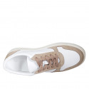 Woman's laced shoe with removable insole in white leather and beige suede wedge heel 3 - Available sizes:  42, 43, 44, 45, 46