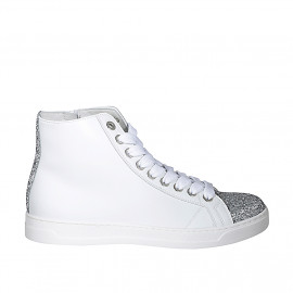 Chaussure avec lacets, fermeture éclair et semelle amovible en cuir blanc et scintillant argent talon compensé 3 - Pointures disponibles:  42, 43, 44, 45, 47