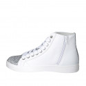 Chaussure avec lacets, fermeture éclair et semelle amovible en cuir blanc et scintillant argent talon compensé 3 - Pointures disponibles:  42, 43, 44, 45, 46, 47