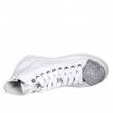 Woman's laced shoe with zipper and removable insole in white and silver glittered leather wedge heel 3 - Available sizes:  42, 43, 44, 45, 46, 47