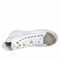 Woman's laced shoe with zipper and removable insole in white and platinum glittered leather wedge heel 3 - Available sizes:  42, 43, 44, 45, 46, 47