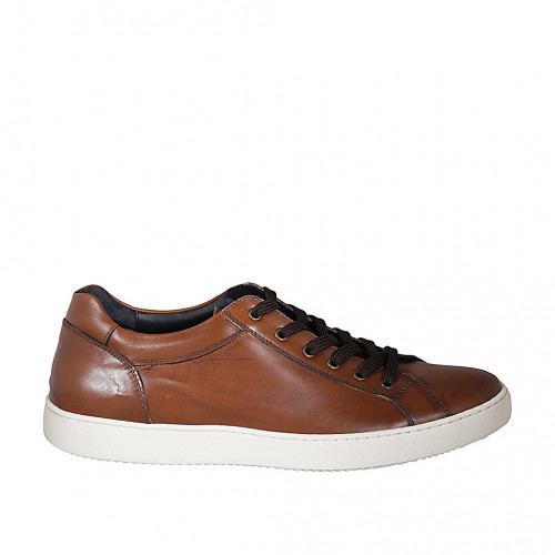 Men's sports shoe with laces in cognac brown leather - Available sizes:  46, 47, 48, 49, 50, 51, 52