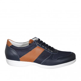 Men's laced sports shoe in blue and cognac brown leather and blue fabric - Available sizes:  46, 48, 49, 50, 51, 52