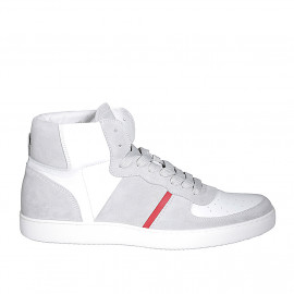 Men's sports shoe with laces in grey suede and white and red leather - Available sizes:  46, 47, 48, 49, 50, 51, 52