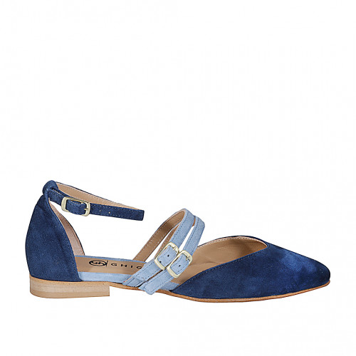 Chaussure ouverte à bout pointu pour femmes avec courroies en daim bleu et bleu clair talon 1 - Pointures disponibles:  32, 33, 34, 35, 42, 43, 44, 45, 46