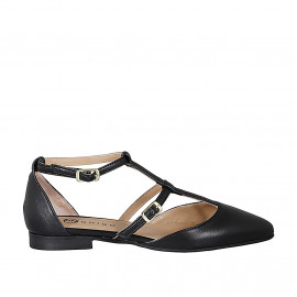 Woman's pointy open shoe with straps in black leather heel 1 - Available sizes:  34, 35, 44