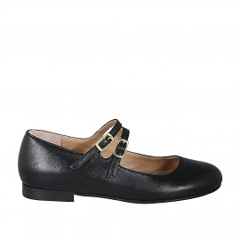 Woman's Mary Jane with rounded tip and two straps in black leather heel 1 - Available sizes:  33, 34, 35, 43, 44, 45