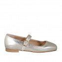 Woman's Mary Jane with squared tip and strap in platinum laminated leather heel 1 - Available sizes:  33, 34, 35, 43, 44, 45