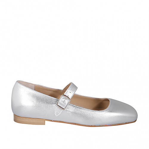 Ballerine Mary Jane pour femmes avec bout carré et courroie en cuir laminé argent talon 1 - Pointures disponibles:  33, 34, 35, 43, 44, 45