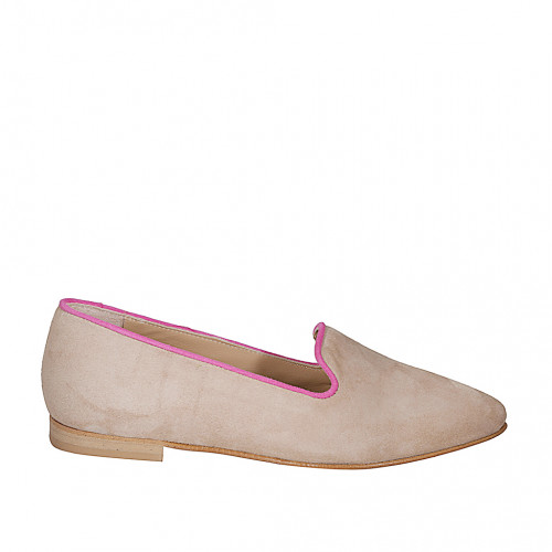 Mocasín para mujer en gamuza beis y fucsia tacon 1 - Tallas disponibles:  33, 34, 35, 42, 43, 44, 45