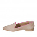 Mocassino da donna in camoscio beige con bordini fucsia tacco 1 - Misure disponibili: 33, 34, 35, 42, 43, 44, 45