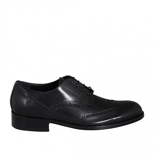 Chaussure derby à lacets pour hommes en cuir noir avec decoration Brogue - Pointures disponibles:  36, 37, 38, 46, 47, 48, 49, 50, 51, 52