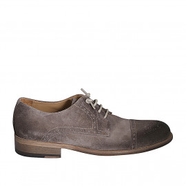 Men's laced derby shoe with Brogue decorations in taupe velour suede - Available sizes:  37, 38, 46, 47, 48, 50, 51, 52