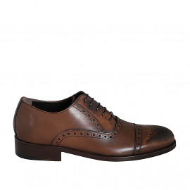 Men's laced Oxford shoe with Brogue captoe in cognac brown leather - Available sizes:  36, 37, 38, 46, 47, 48, 49, 50, 51