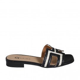 Woman's mule in black leather and cream-colored raffia heel 2 - Available sizes:  33, 34, 35, 42, 43, 44, 46