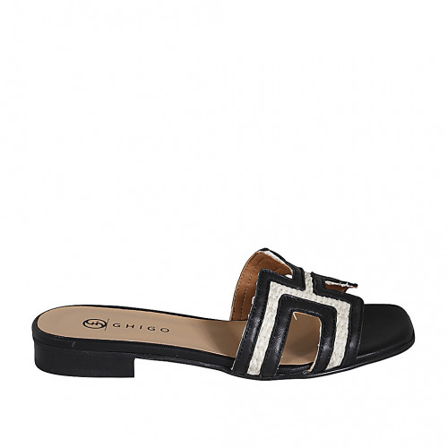 Sabo para mujer en piel negra y rafia color crema tacon 2 - Tallas disponibles:  33, 34, 35, 42, 43, 44, 45, 46