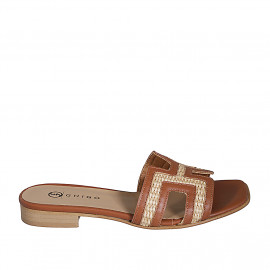 Woman's mule in cognac brown leather and beige raffia heel 2 - Available sizes:  33, 34, 35, 42, 43, 44