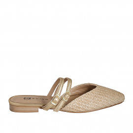 Woman's mule with closed toe in beige raffia and golden laminated leather with straps heel 2 - Available sizes:  32, 33, 34, 35, 42, 43, 44, 46