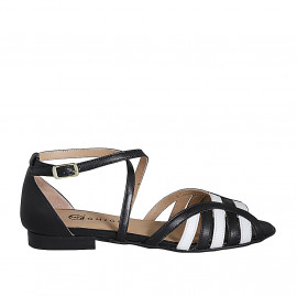 Woman's open shoe with crossed strap in black and white leather heel 2 - Available sizes:  33, 34, 35, 42, 43, 44, 45