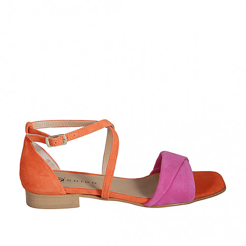 Woman's open shoe with strap in orange and fuchsia suede heel 2 - Available sizes:  32, 33, 34, 35, 42, 43, 44, 45, 46