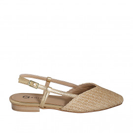 Woman's slingback shoe in beige-colored raffia and golden laminated leather heel 2 - Available sizes:  32, 35, 42, 44, 45, 46