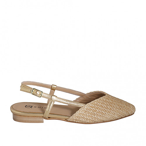 Woman's slingback shoe in beige-colored raffia and golden laminated leather heel 2 - Available sizes:  32, 33, 34, 35, 42, 43, 44, 45, 46