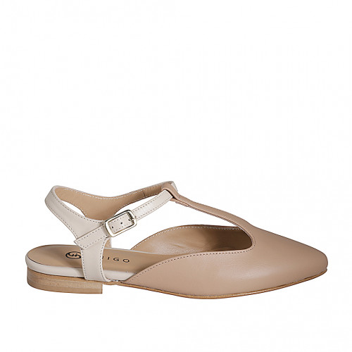 Woman's slingback shoe in pink and cream-colored leather with T-strap heel 2 - Available sizes:  32, 33, 34, 35, 42, 43, 44, 45, 46