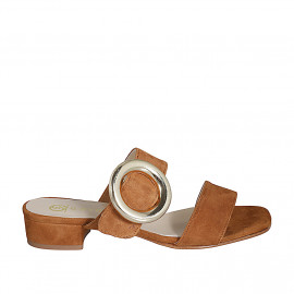 Mule para mujer en gamuza de color cognac con hebilla y elastico tacon 3 - Tallas disponibles:  32, 33, 34, 35, 42, 43, 44, 45