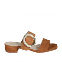 Woman's mules in cognac brown suede with buckle and elastic heel 3 - Available sizes:  32, 33, 34, 35, 42, 43, 44, 45