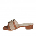 Woman's mules in cognac brown leather and beige raffia with buckle heel 3 - Available sizes:  32, 33, 34, 35, 42, 43, 44, 45