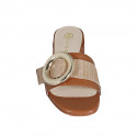 Woman's mules in cognac brown leather and beige raffia with buckle heel 3 - Available sizes:  32, 33, 34, 35, 42, 43, 44, 45