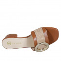 Woman's mules in cognac brown leather and beige raffia with buckle heel 3 - Available sizes:  32, 33, 34, 35, 42, 43, 44, 45