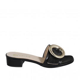 Woman's mules in black leather and raffia with buckle heel 3 - Available sizes:  32, 33, 34, 35, 42, 43, 44, 45