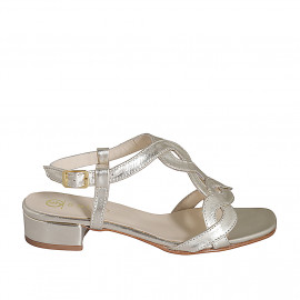 Woman's sandal in platinum laminated braided leather heel 3 - Available sizes:  32, 33, 34, 35, 42, 43, 44, 45