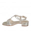 Woman's sandal in platinum laminated braided leather heel 3 - Available sizes:  32, 33, 34, 35, 42, 43, 44, 45