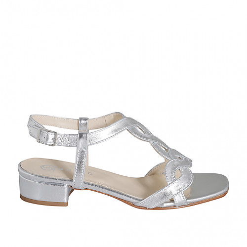 Sandalo da donna in pelle intrecciata laminata argento tacco 3 - Misure disponibili: 32, 33, 34, 35, 42, 43, 44, 45