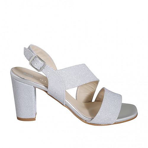 Sandale pour femmes en tissu scintillant argent talon 7 - Pointures disponibles:  32, 33, 34, 35