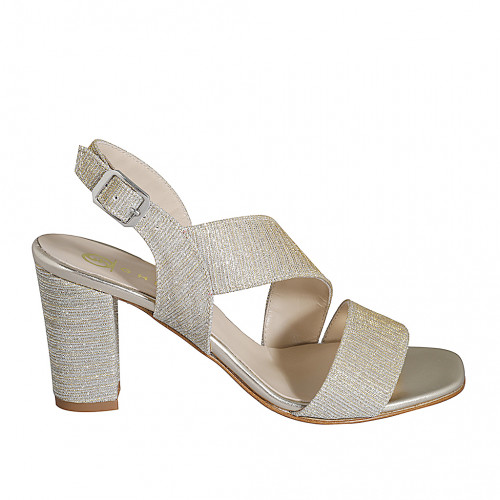 Woman's sandal in platinum glittered fabric heel 7 - Available sizes:  32, 33, 34, 35