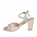 Woman's sandal in pink leather and platinum laminated leather with strap heel 7 - Available sizes:  32, 33, 34, 35, 42, 43, 44, 45