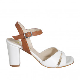 Woman's sandal in white and cognac brown leather with strap heel 7 - Available sizes:  32, 33, 34, 35, 42, 43, 45