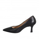 Women's pointy pump in black leather with heel 7 - Available sizes:  32, 33, 34, 35, 42, 43, 44, 45