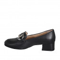 Woman's mocassin in black leather with accessory and heel 4 - Available sizes:  32, 33, 34, 35