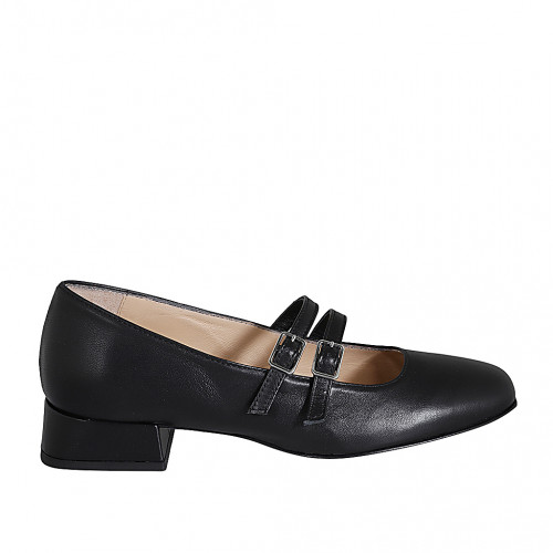 Zapato Mary Jane para mujer con punta redonda y dos cinturones en piel negra tacon 3 - Tallas disponibles:  32, 33, 34, 35, 42, 43, 44, 45