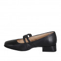 Zapato Mary Jane para mujer con punta redonda y dos cinturones en piel negra tacon 3 - Tallas disponibles:  32, 33, 34, 35, 42, 43, 44, 45