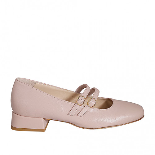 Zapato Mary Jane para mujer con punta redonda y dos cinturones en piel rosado claro tacon 3 - Tallas disponibles:  32, 33, 34, 35, 42, 43, 44, 45