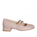 Woman's Mary Jane pump with rounded tip and two straps in light pink leather heel 3 - Available sizes:  32, 33, 34, 35, 42, 43, 44, 45