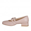 Woman's Mary Jane pump with rounded tip and two straps in light pink leather heel 3 - Available sizes:  32, 33, 34, 35, 42, 43, 44, 45