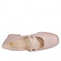 Woman's Mary Jane with rounded tip and two straps in light pink leather heel 3 - Available sizes:  32, 35, 42, 43, 44, 45