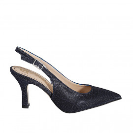 Woman's pointy slingback pump in blue laminated fabric heel 7 - Available sizes:  32, 35, 42, 43, 44, 45