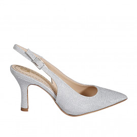 Slingback à bout pointu pour femmes en tissu laminé scintillant argent talon 7 - Pointures disponibles:  32, 33, 34, 35, 42, 43, 44, 45